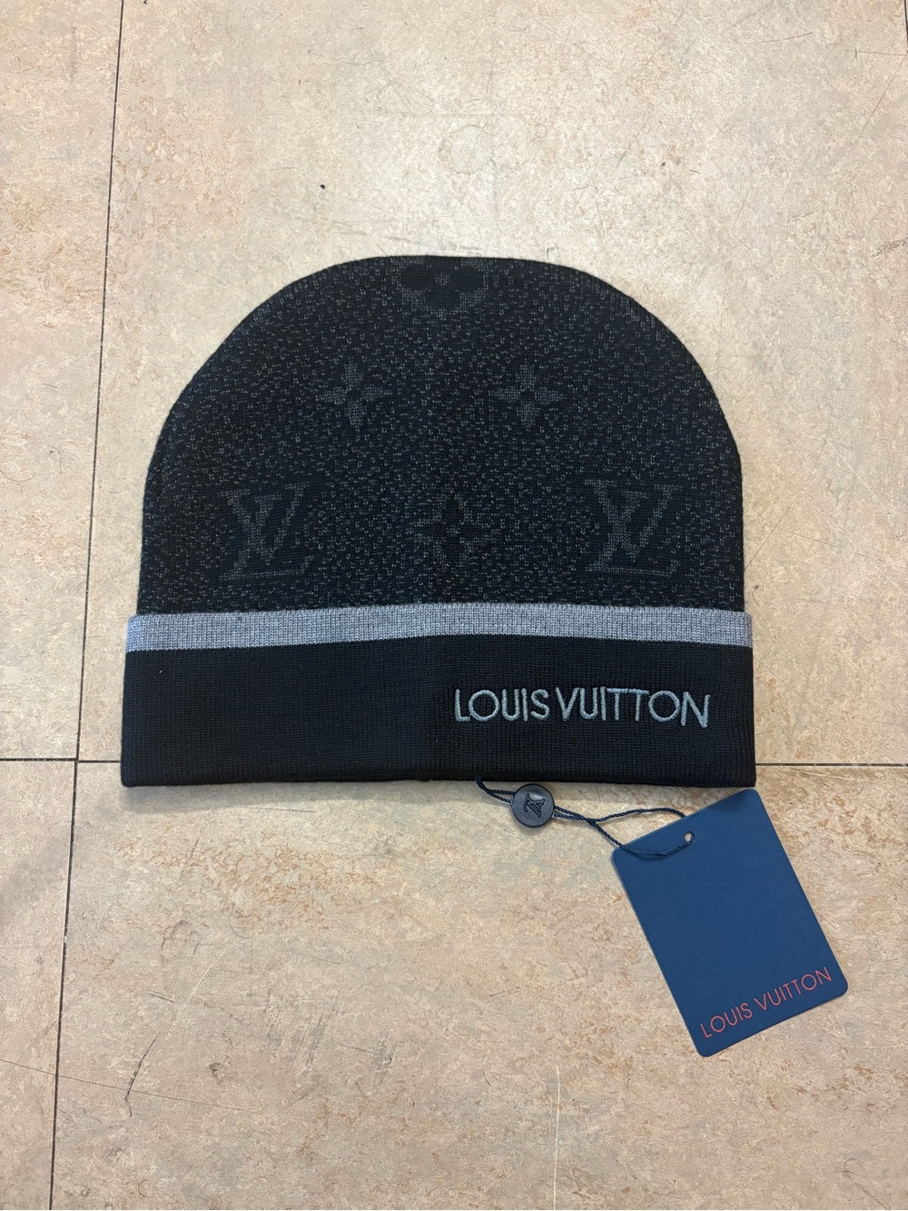 Louis Vuitton Black Beanie with Gray Trim and Monogram Jacquard
